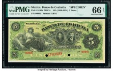 Mexico Banco De Coahuila 5 Pesos ND (1898-1914) Pick S195s M167s Specimen PMG Gem Uncirculated 66 EPQ. Cancelled with 2 punch holes. 

HID09801242017
...