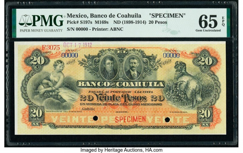 Mexico Banco De Coahuila 20 Pesos ND (1898-1914) Pick S197s M169s Specimen PMG G...
