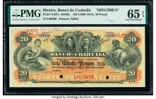 Mexico Banco De Coahuila 20 Pesos ND (1898-1914) Pick S197s M169s Specimen PMG Gem Uncirculated 65 EPQ. Cancelled with 2 punch holes and printer's sta...