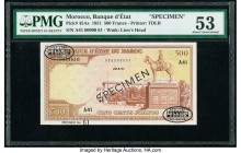 Morocco Banque d'Etat du Maroc 500 Francs 29.5.1951 Pick 45As Specimen PMG About Uncirculated 53. Previously mounted. 

HID09801242017

© 2020 Heritag...
