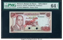 Morocco Banque du Maroc 10 Dirhams 1970-85 / AH1390-1405 Pick 57s Specimen PMG Choice Uncirculated 64 Net. Previously mounted and cancelled with 2 pun...