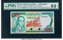 Morocco Banque du Maroc 50 Dirhams 1970-85 / AH1390-1405 Pick 58s Specimen PMG Choice Uncirculated 64 Net. Previously mounted and cancelled with 2 pun...