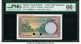 Nigeria Central Bank of Nigeria 5 Shillings 15.9.1958 Pick 2cts Color Trial Specimen PMG Gem Uncirculated 66 EPQ. Cancelled with 2 punch holes. 

HID0...