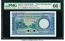 Nigeria Central Bank of Nigeria 1 Pound 15.9.1958 Pick 4cts Color Trial Specimen PMG Gem Uncirculated 66 EPQ. Cancelled with 2 punch holes. 

HID09801...