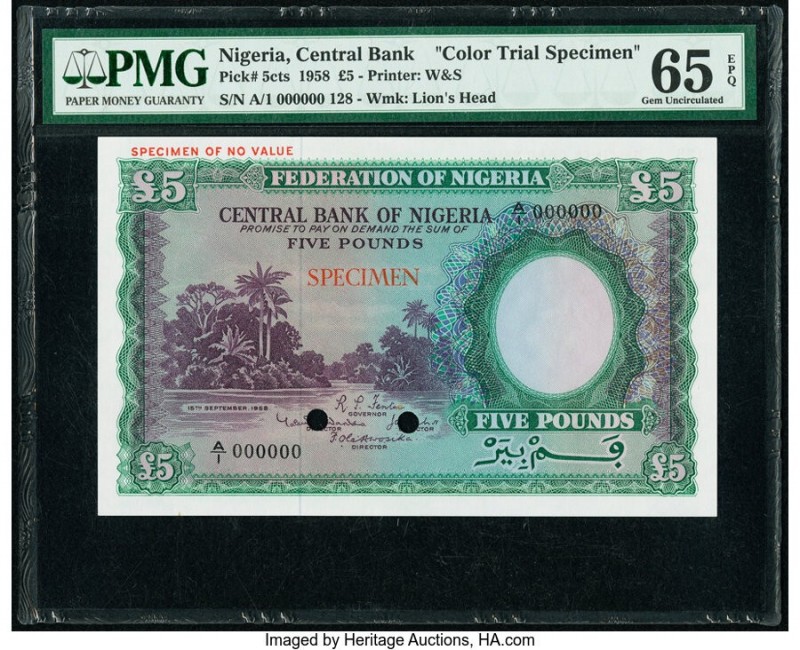 Nigeria Central Bank of Nigeria 5 Pounds 15.9.1958 Pick 5cts Color Trial Specime...