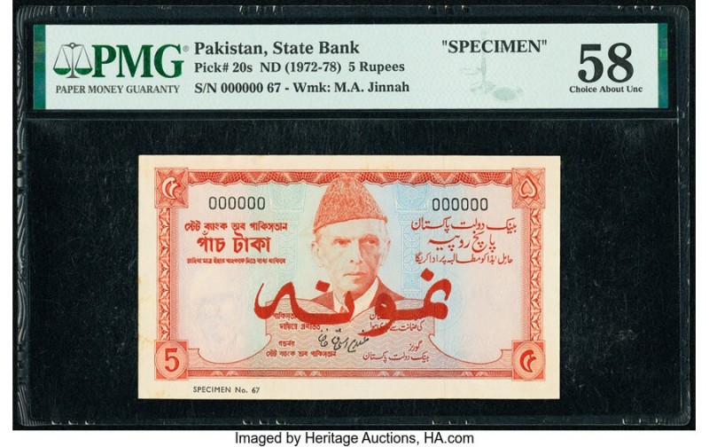 Pakistan State Bank of Pakistan 5 Rupees ND (1972-78) Pick 20s Specimen PMG Choi...