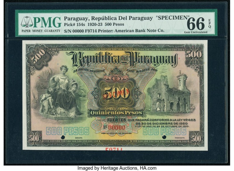 Paraguay Republica del Paraguay 500 Pesos 25.10.1923 Pick 154s Specimen PMG Gem ...