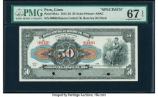 Peru Banco Central de Reserva 50 Soles 28.9.1950 Pick 68As Specimen PMG Superb Gem Unc 67 EPQ. Cancelled with 3 punch holes. 

HID09801242017

© 2020 ...