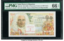 Saint Pierre and Miquelon Caisse Centrale de la France d'Outre-Mer 2 Nouveaux Francs on 100 Francs ND (1963) Pick 32 PMG Gem Uncirculated 66 EPQ. 

HI...