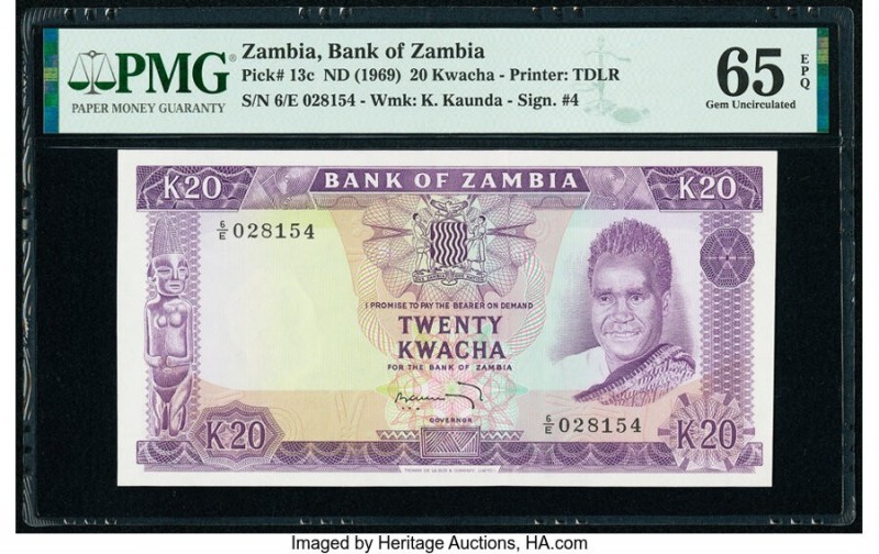 Zambia Bank of Zambia 20 Kwacha ND (1969) Pick 13c PMG Gem Uncirculated 65 EPQ. ...