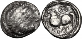 Celtic Britain. Celtic, Eastern Europe. AR Drachm, Scordisci, Syrmia mint, 3rd-2nd century BC. Head of Zeus right, laureate. / Horse left; above, whee...