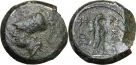 Greek Italy. Samnium, Southern Latium and Northern Campania, Cales. AE 20 mm. c. 265-240 BC. Helmeted head of Athena left. / Cock standing right; befo...