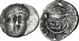Greek Italy. Central and Southern Campania, Phistelia. AR Obol, c. 325-275 BC. Male head facing slightly right. / Dolphin, barley grain and mussel she...