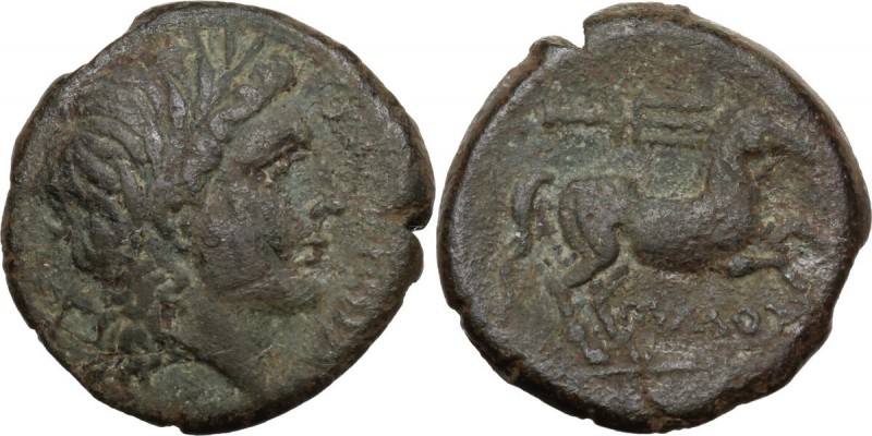 Greek Italy. Northern Apulia, Salapia. AE 20 mm, 225-210 BC. Head of Apollo righ...