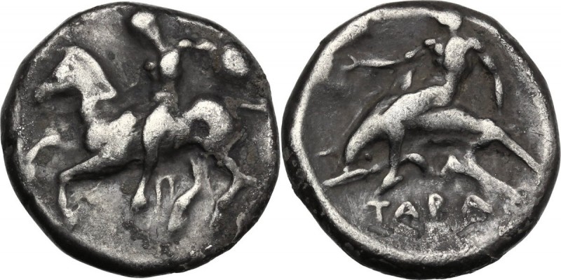 Greek Italy. Southern Apulia, Tarentum. AR Nomos, 380-340 BC. Horseman dismounti...