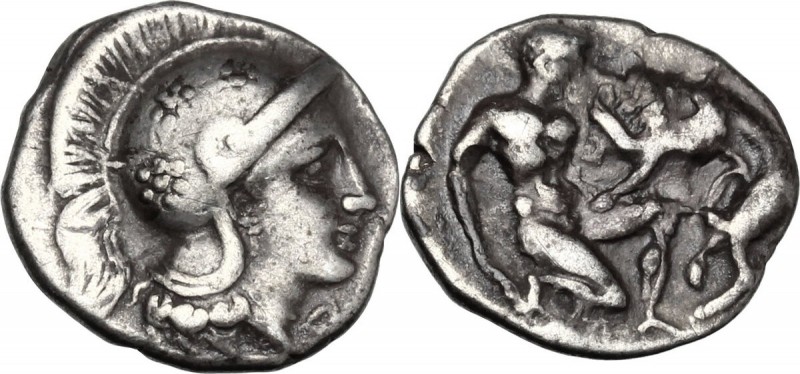 Greek Italy. Southern Apulia, Tarentum. AR Diobol, 380-325 BC. Head of Athena ri...