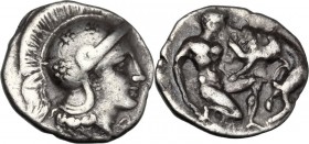 Greek Italy. Southern Apulia, Tarentum. AR Diobol, 380-325 BC. Head of Athena right, wearing helmet decorated with three rosettes. / Herakles kneeling...
