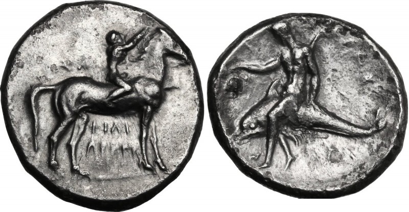 Greek Italy. Southern Apulia, Tarentum. AR Nomos, 302-280 BC. Horseman right, cr...