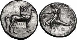 Greek Italy. Southern Apulia, Tarentum. AR Nomos, 302-280 BC. Horseman right, crowning his horse; below, magistrate's name. / Phalantos riding on dolp...