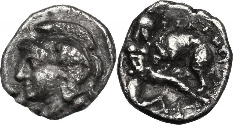 Greek Italy. Southern Apulia, Tarentum. AR Diobol, 325-280 BC. Head of Athena le...