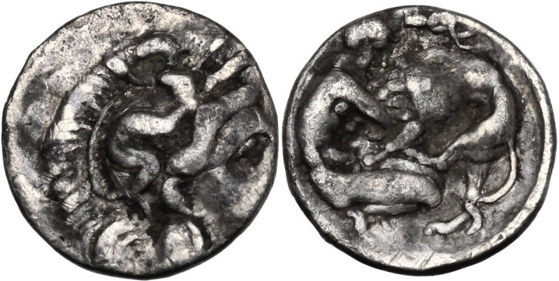 Greek Italy. Southern Apulia, Tarentum. AR Diobol, 325-280 BC. Head of Athena ri...