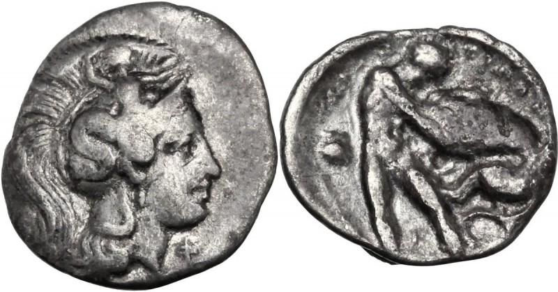 Greek Italy. Southern Apulia, Tarentum. AR Diobol, 325-280 BC. Head of Athena ri...