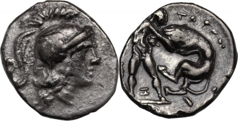 Greek Italy. Southern Apulia, Tarentum. AR Diobol, 280-228 BC. Head of Athena ri...