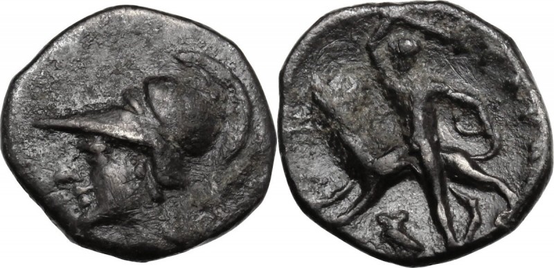 Greek Italy. Southern Apulia, Tarentum. AR Diobol, 280-228 BC. Head of Athena le...