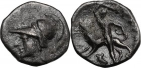 Greek Italy. Southern Apulia, Tarentum. AR Diobol, 280-228 BC. Head of Athena left, wearing Corinthian helmet. / Herakles standing left, right knee on...