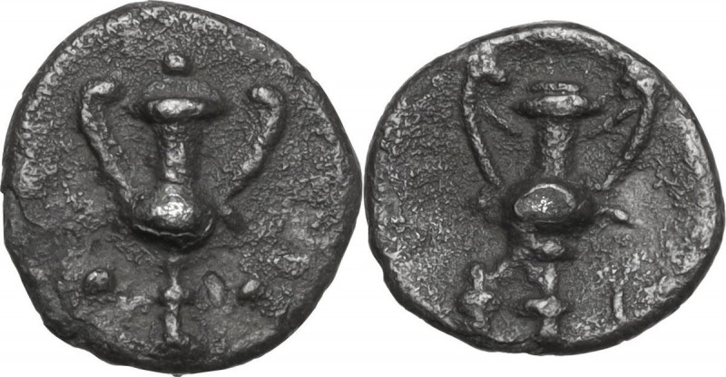 Greek Italy. Southern Apulia, Tarentum. AR Obol, circa 280-228 BC. Kantharos; th...
