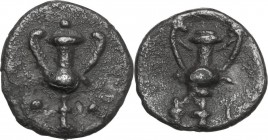 Greek Italy. Southern Apulia, Tarentum. AR Obol, circa 280-228 BC. Kantharos; three pellets around. / Kantharos; amphora(?) to left, I to right. HN It...