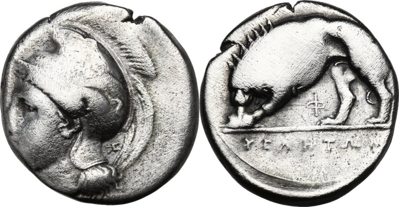 Greek Italy. Northern Lucania, Velia. AR Nomos, circa 334-300 BC. Helmeted head ...