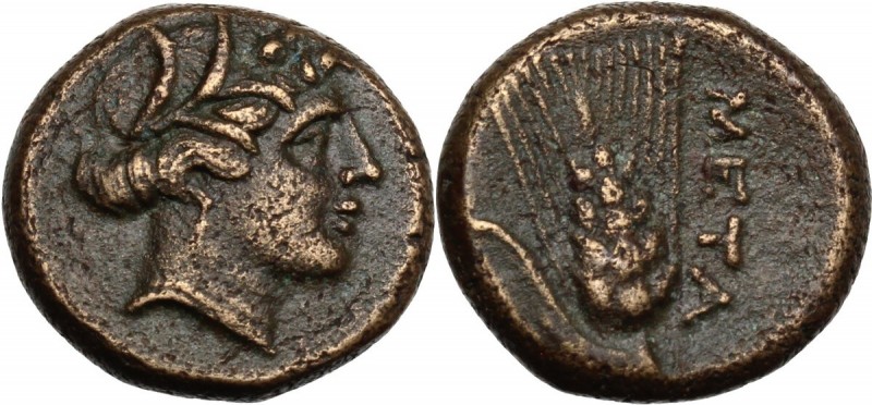 Greek Italy. Southern Lucania, Metapontum. AE 14 mm, 300-250 BC. Head of Demeter...
