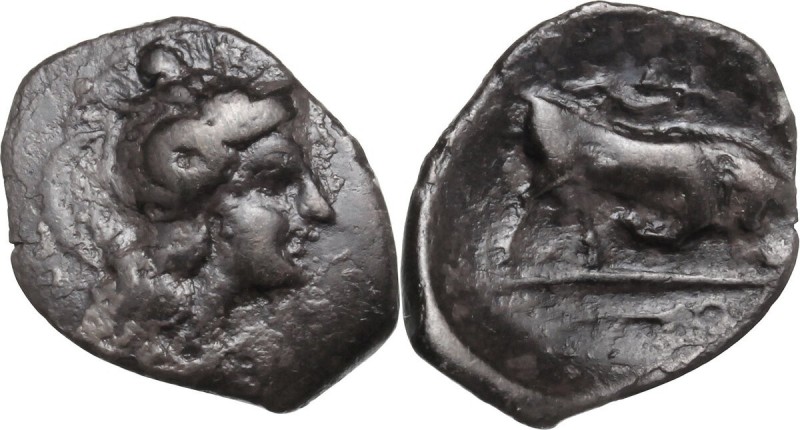 Greek Italy. Southern Lucania, Thurium. AR Triobol, 350-300 BC. Head of Athena r...
