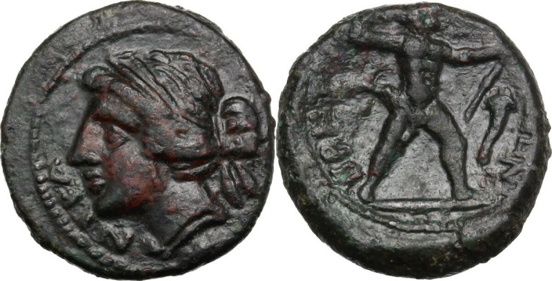 Greek Italy. Bruttium, The Brettii. AE Half unit, 214-211 BC. Head of Nike left....