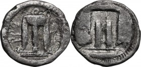 Greek Italy. Bruttium, Kroton. AR Drachm, 480-430 BC. Tripod; to right, mash bird. / Incuse tripod. HN Italy 2103. AR. 2.22 g. 16.00 mm. About VF.