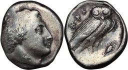 Greek Italy. Bruttium, Kroton. AR Oktobol or Half Nomos(?), circa 300-250 BC. Bare head of male (Herakles or river-god?) right. / Owl standing right, ...