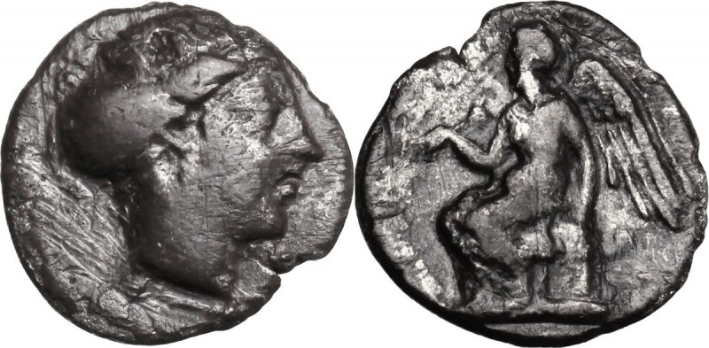 Greek Italy. Bruttium, Terina. AR Triobol, 420-400 BC. Female head right. / Nike...