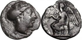 Greek Italy. Bruttium, Terina. AR Triobol, 420-400 BC. Female head right. / Nike seated left on cippus, holding caduceus. HN Italy 2624. AR. 0.90 g. 1...