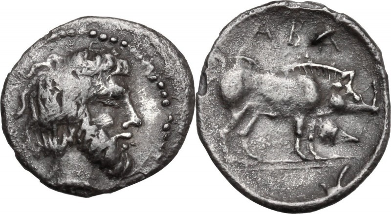 Sicily. Abakainon. AR Litra, 420-410 BC. Head of bearded male right. / Boar righ...