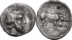 Sicily. Abakainon. AR Litra, 420-410 BC. Head of bearded male right. / Boar right; before, acorn. HGC 2 17. AR. 0.17 g. 13.00 mm. Toned. VF/Good VF.