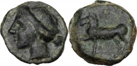 Sicily. Eryx. AE Onkia, 400-340 BC. Head of nymph left. / Horse left, raising right foreleg. CNS I 19. AE. 2.90 g. 15.00 mm. Dark green patina. VF.