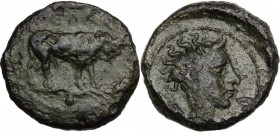 Sicily. Gela. AE Onkia, 420-405 BC. Bull standing right. / Head of river god right. CNS III 21. AE. 1.01 g. 11.00 mm. Dark olive green patina. Good VF...