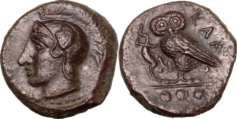 Sicily. Kamarina. AE Tetras, 425-405 BC. Head of Athena left, wearing Attic helm...