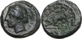 Sicily. Kamarina. AE 12 mm, circa 310-290 BC. Female head left. / Bull charging left. CNS III 45; HGC 2 558; Westermark & Jenkins 218; BAR Issue 1. AE...