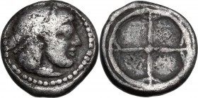 Sicily. Syracuse. Hieron I (478-466 BC). AR Obol, struck circa 475-470 BC. Diademed head of Arethousa right. / Wheel with four spokes. Boehringer 286-...