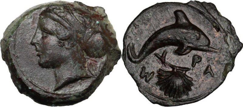 Sicily. Syracuse. Second Democracy (466-405 BC). AE 17 mm. Head of nymph left; b...