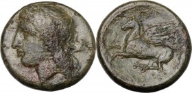 Sicily. Syracuse. Timoleon and the Third Democracy (344-317 BC). AE 17 mm, from 336 BC. Head of Apollo left, laureate. / Pegasus flying left. CNS II 8...