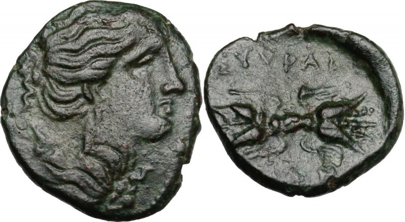 Sicily. Syracuse. Agathokles (317-289 BC). AE 16 mm. Bust of Artemis right; on s...
