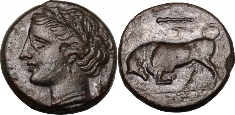 Sicily. Syracuse. Hieron II (274-216 BC). AE 18 mm. Head of Kore left, wearing w...